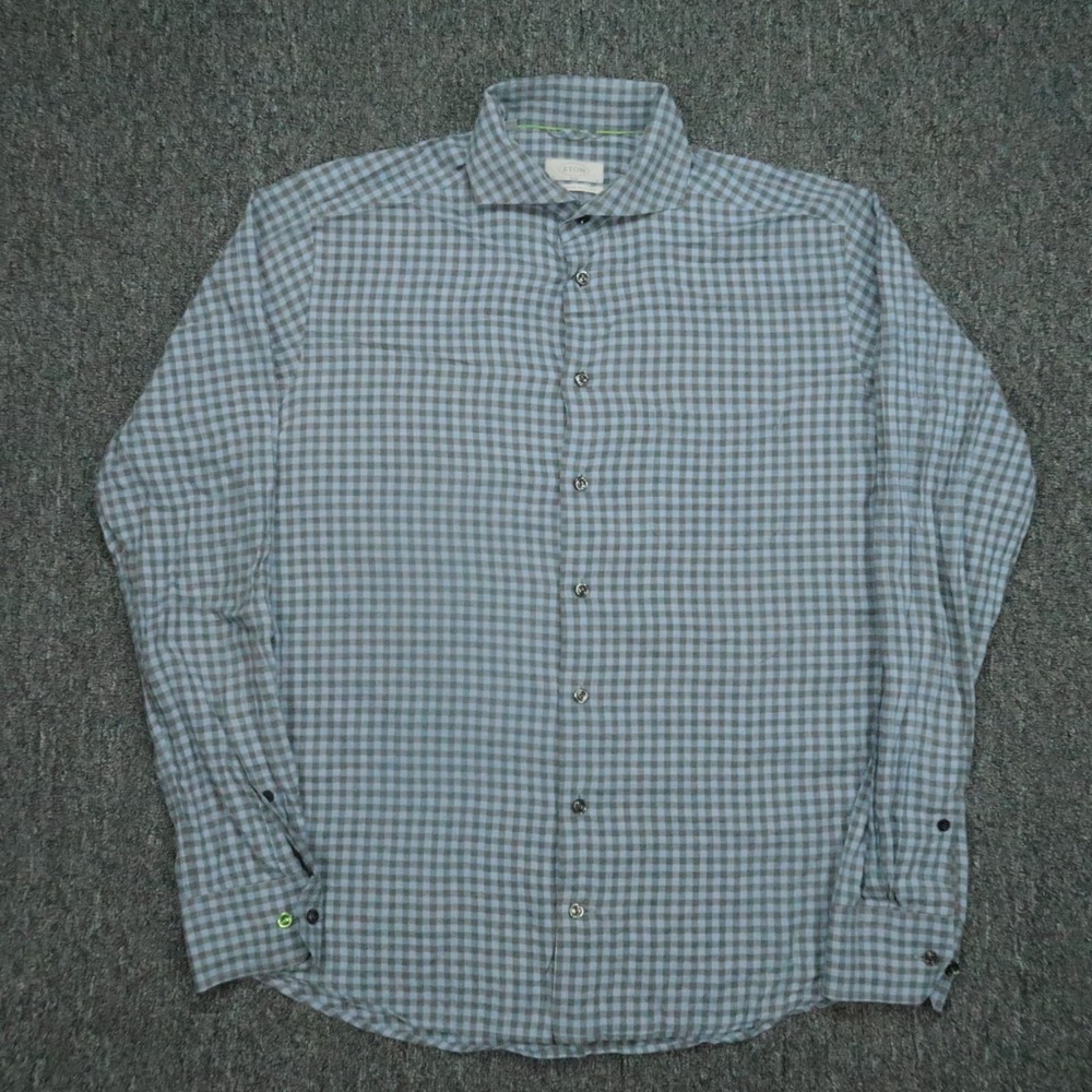 Eton Shirt Mens Large Blue Gray Gingham Slim Fit Long Sleeve Button Up